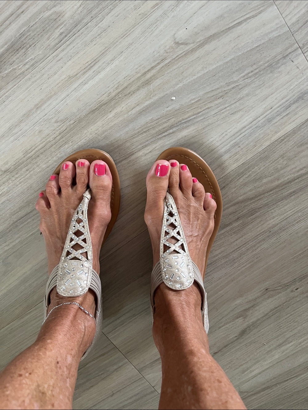 attention Women's Silver Embellished T-Strap Sandals
